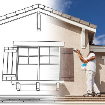 Split Screen of Drawing and Photo of Busy House Painter Painting Home.